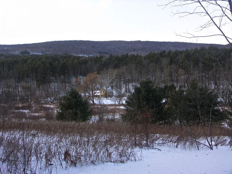Winter view of the inn with snowy fields in front and pine trees behind