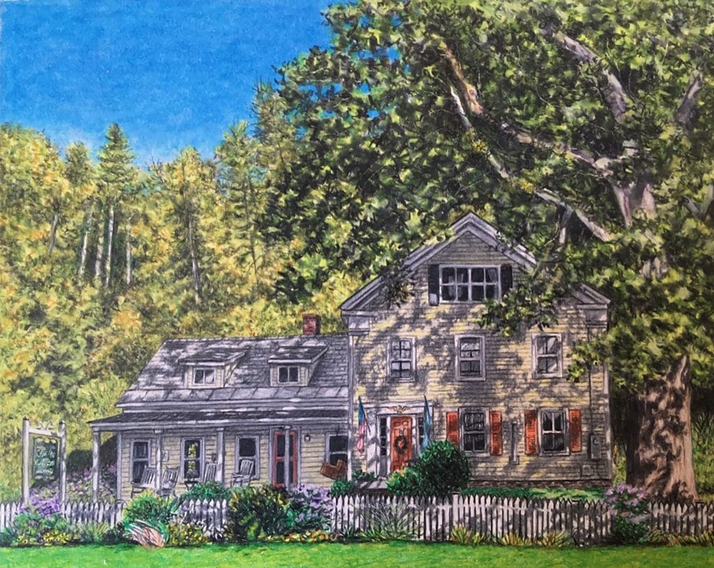 color pencil drawing of the Ira Allen House with the huge sycamore tree in on the right